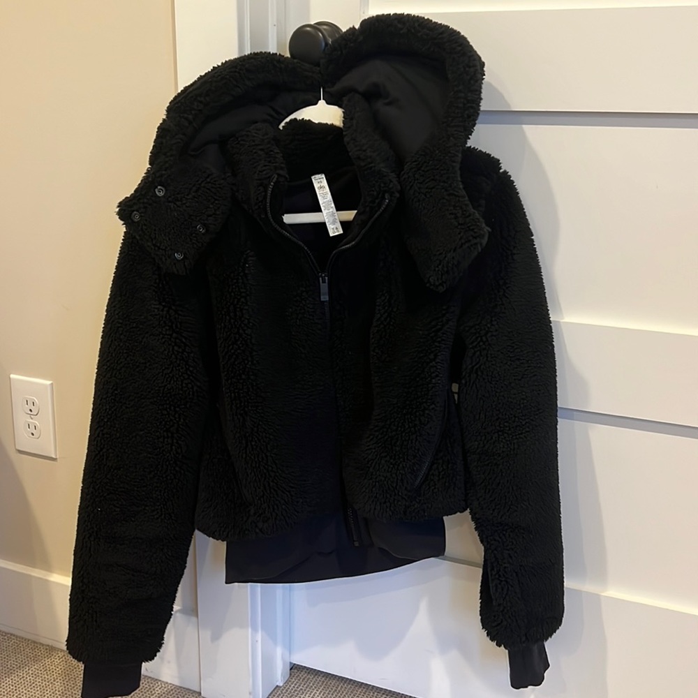 Womens Alo Black Zip Teddy Fleece Removable Hood